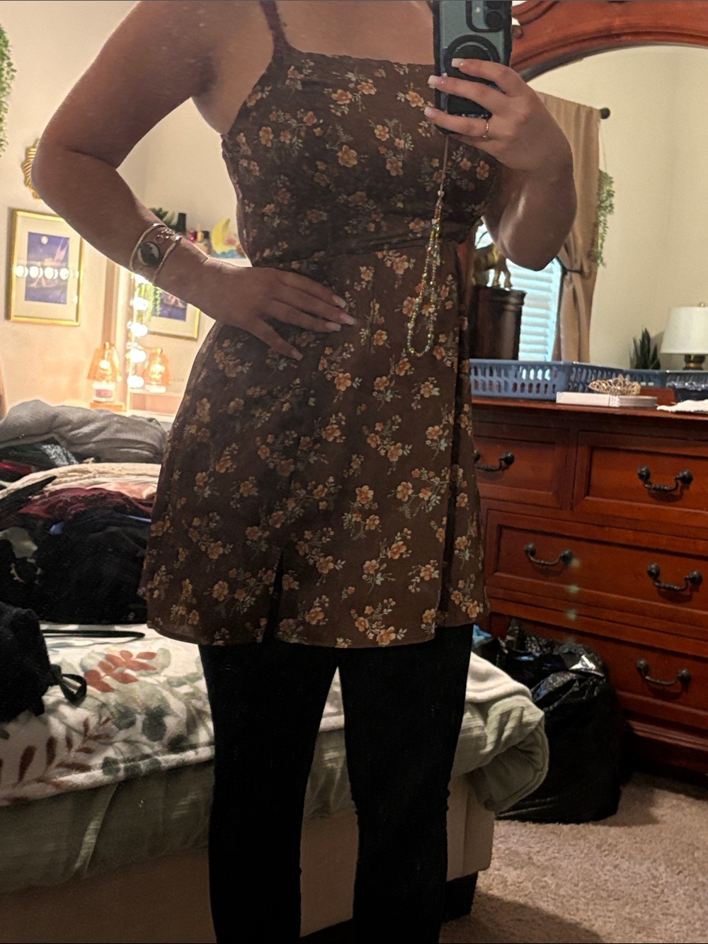 miami Brown Floral Spaghetti-Strap Mini Dress